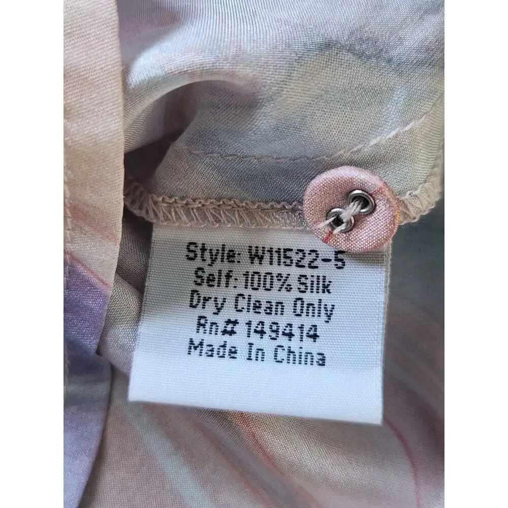 Johnny Was Silk Blouse Size S Pink Multicolor Marble Swirl Print Puff Sleeve